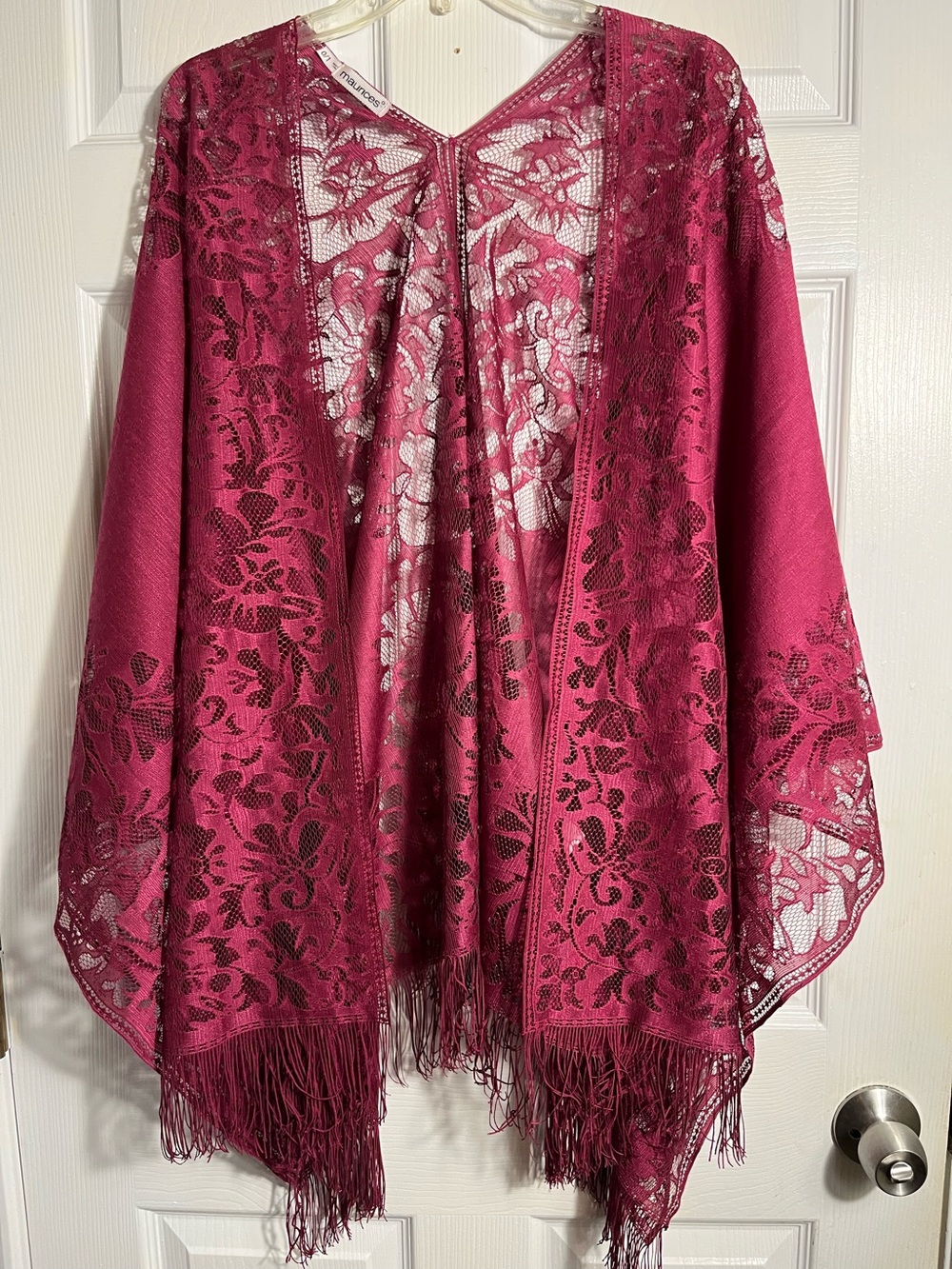 Maurices Burgundy Lace Fringe Kimono 0/1 fits L-2X